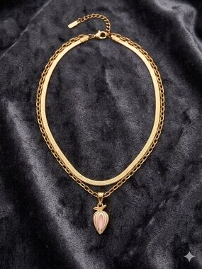 Gold-Tone Double Chain Necklace with Pink Pendant